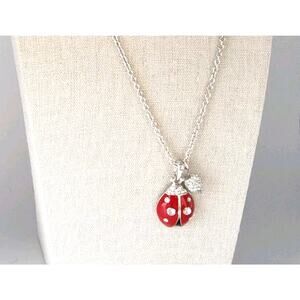 Ladybug Necklace With Rhinestones, and Silver Chain